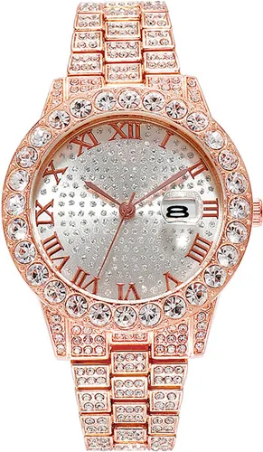 Vista 6 de ADSBIAOYE Reloj unisex de lujo con diamantes de moda, esfera grande, números romanos con calendario