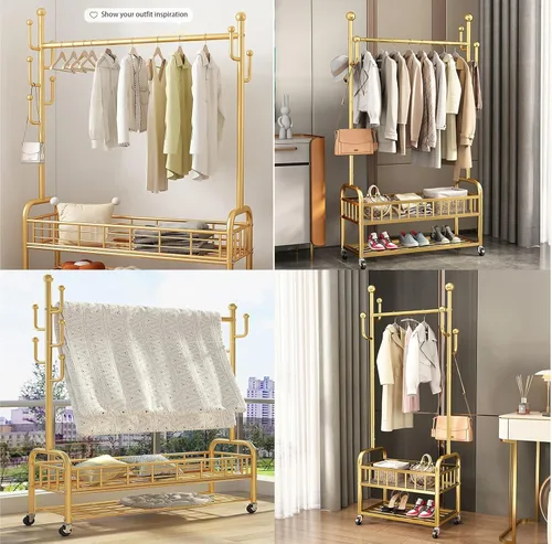 Vista 8 de Perchero de pie con ruedas, resistente para almacenamiento, dorado, para colgar ropa, zapatos, bolsas, bufandas, corbatas, ideal para oficinas