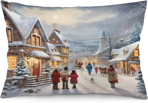 Vista 24 de Funda de almohada con escena de pueblo navideño con niños, fundas de almohada de 12 x 20 pulgadas, almohadas decorativas de Navidad para sofá, funda