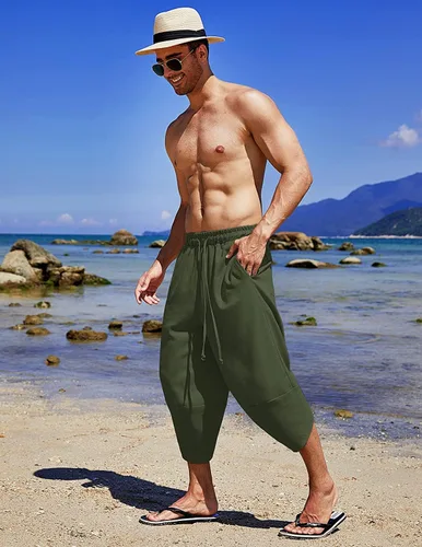 Vista 3 de COOFANDY Pantalones capri harén de lino para hombre, ligeros, sueltos, 34, con cordón elástico, cintura elástica, pantalones casuales para yoga