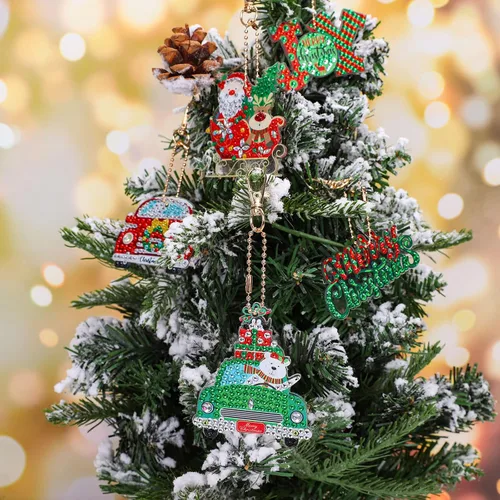Vista 6 de AnyDesign 12 piezas de llavero de arte de diamantes de Navidad, hecho a mano, camión, Papá Noel, muñeco de nieve, pintura de gemas, colgante