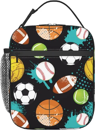 Vista 10 de Bolsa de almuerzo colorida con pelota de fútbol para niños y niñas, lonchera reutilizable de fútbol con aislamiento, bolsa de almuerzo portátil