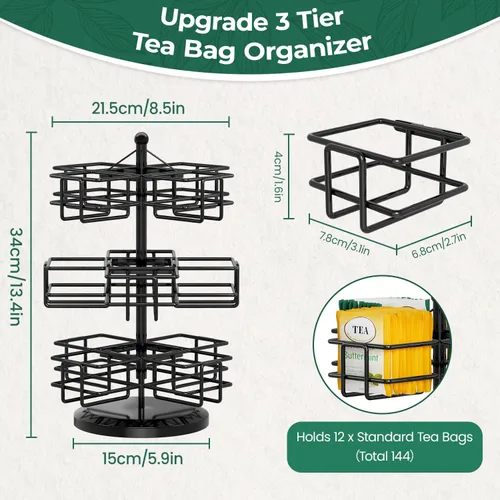 Vista 2 de EsLuker.ly Organizador de bolsas de té para mostrador, 3 niveles de metal Negro