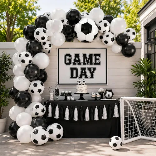Vista 6 de Globos de fútbol, globos de látex blanco y negro de 12 pulgadas con balón de fútbol de 22 pulgadas, globo de aluminio 4D para niños, decoración
