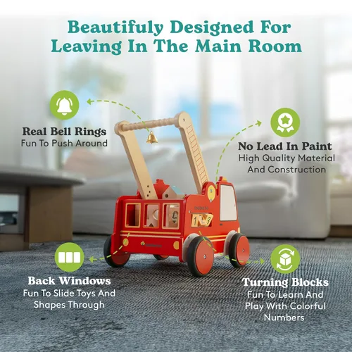 Vista 6 de Andador de madera para bebés con ruedas – Caminador de bebé para niños Camión de bomberos – Andador para bebé niño con asas aparejadas – Altura