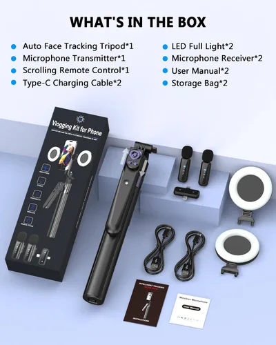 Vista 8 de Kit de vlogging para iPhone/Android, trípode de seguimiento facial automático de 63" para iPhone con luz, micrófonos inalámbricos, control remoto