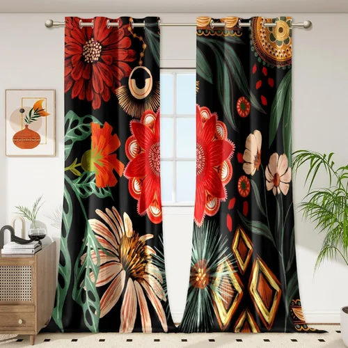 Vista 26 de Tyrot - Cortinas bohemias florales 100% opacas para dormitorio de 63 pulgadas de largo, 2 paneles. Cortinas botánicas de mediados de siglo