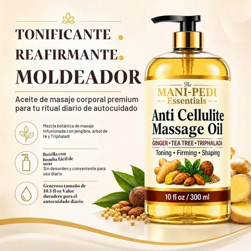 Vista 2 de Aceite de masaje anticelulítico, tonifica, reafirma y forma visiblemente con jengibre, árbol de té y hierbas naturales, fórmula no grasosa