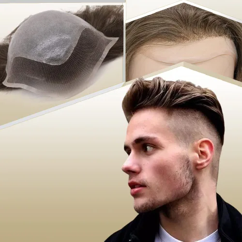 Vista 14 de Peluca de cabello humano europeo de repuesto para hombre, encaje suizo frontal, 0.003 in, piel fina, poliuretano, con bucle, 10 x 8 pulgadas