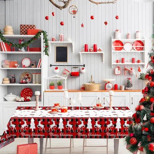 Vista 6 de Mantel de Mesa Feliz Navidad de Plástico a Cuadros Buffalo Mantel Rojo y Negro a Cuadros Copo de Nieve Mantel Rectangular Cubierta de Mesa Navideña