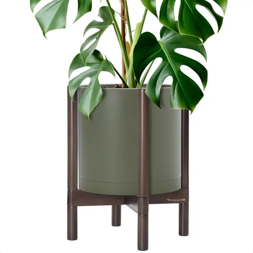 Vista 40 de Maceta de D'vine Dev con soporte - Maceta de flores de cilindro de plástico de 8.0 pulgadas con soporte de madera para interiores, maceta mate negra