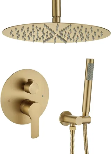 Vista 10 de Iriber Sistema de ducha de lluvia dorado cepillado con cabezal de ducha de 12 pulgadas y baño de mano, juego de ducha dorado que contiene grifo