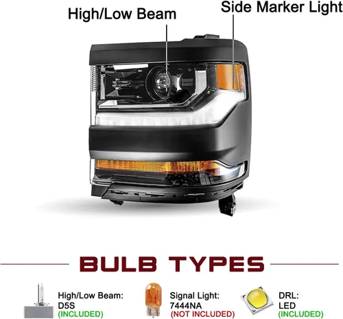 Vista 2 de JSBOYAT HID/Xenon para Chevy Silverado 1500 2016-2019 Conjunto de Faros Delanteros de Repuesto Proyector LED DRL Estilo OE de Fábrica Par Juego