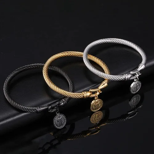 Vista 6 de Pulsera de acero inoxidable con dije de medalla de San Benito de Jesús San Benito, regalo de joyería religiosa