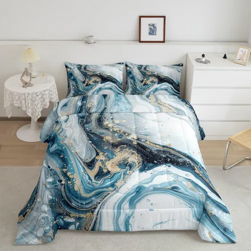 Vista 32 de Feelyou Juego de edredón abstracto para todas las estaciones, juego de ropa de cama negro y azul con 1 funda de almohada con estampado de mármol