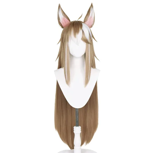 Vista 7 de SL - Peluca marrón con orejas para cosplay, disfraz de anime marrón mezclado con blanco, linda, larga y recta, pelucas de pelo de elfo + gorra