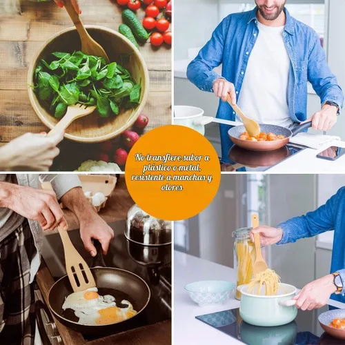 Vista 3 de Utensilios de cocina de bambú, 6 piezas de espátula antiadherente con asas, juego de espátulas resistentes al calor, utensilios de cocina