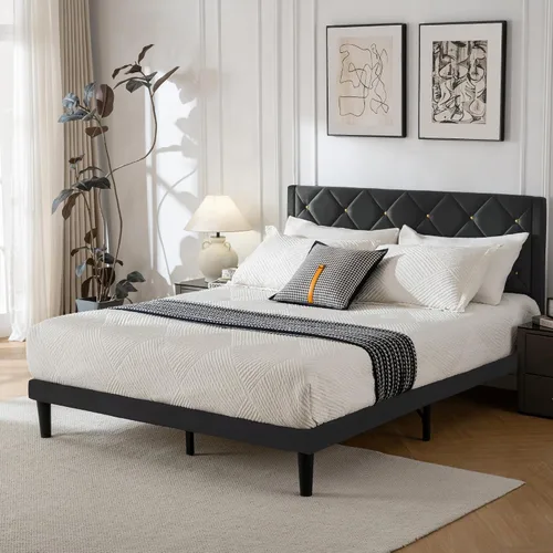 Vista 3 de Base de cama de plataforma de tamaño matrimonial con cabecera de terciopelo, soporte de listones de madera resistente, base de colchón, no requiere