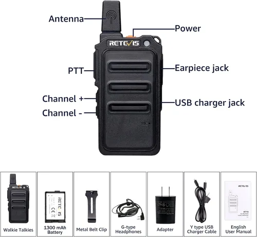 Vista 9 de Retevis RT19 Mini Walkie Talkie, Walkie Talkies con auricular, 1300 mAh, clip de metal, portátil, radio bidireccional compacta para adultos