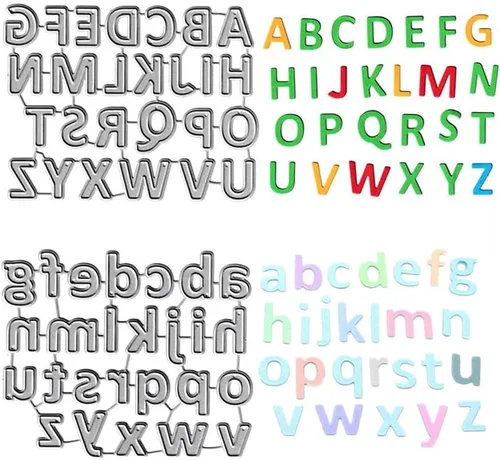 Vista 8 de 26 troqueles de corte de letras mayúsculas, minúsculas, 26 troquelados del alfabeto, plantillas de metal en relieve, molde de plantilla