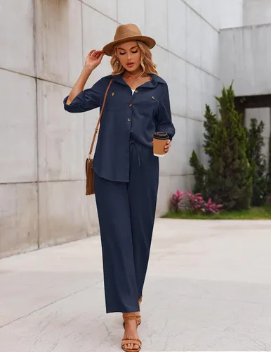 Vista 2 de Zeagoo Conjunto de 2 piezas de lino para mujer, camisa con botones y pantalones largos con cordón, conjuntos de verano, Azul marino