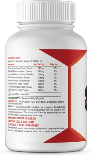 Vista 3 de Suplemento de hongos 8 complejos de hongos, 90 cápsulas, melena de león, cola de pavo, cordyceps, ganoderma, shitake, maitake, chaga, hongos ostra
