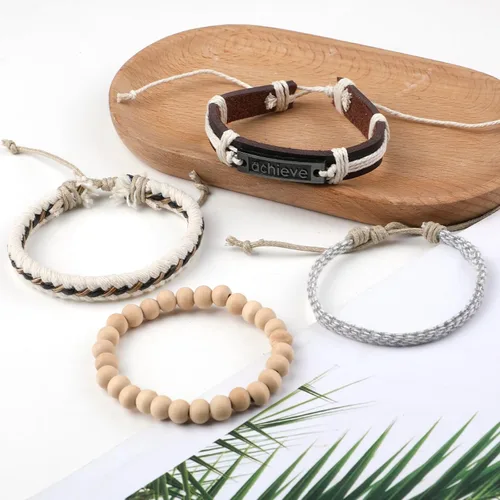 Vista 3 de Ritach Pulseras de cuero trenzado para hombres y mujeres, cuentas de madera, cuerdas de cáñamo, pulseras étnicas tribales, juego de pulseras
