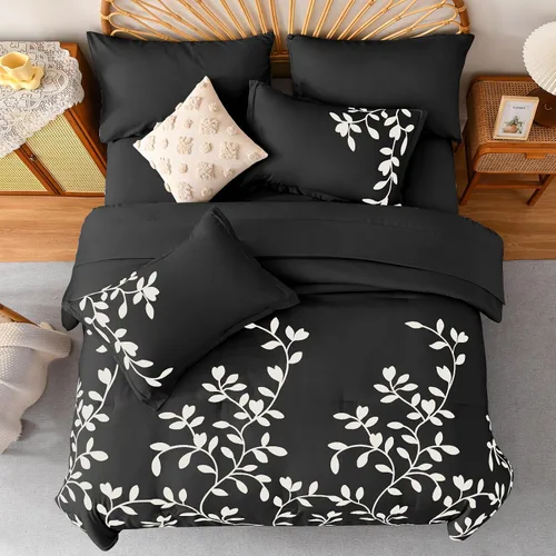 Vista 3 de Juego de edredón tamaño King, 7 piezas con estampado botánico floral blanco en negro, juego de edredón con sábanas, juego de ropa de cama