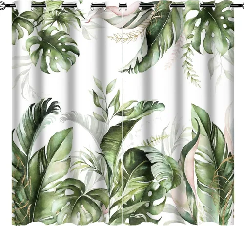 Vista 41 de Cortinas abstractas de hojas tropicales, acuarela tropical, hojas de palma, verano hawaiano, plátano, aislamiento térmico, cortinas completas