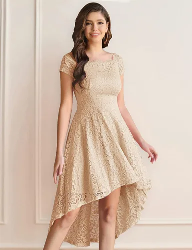 Vista 5 de Dressystar - Vestido de cóctel de encaje para mujer, vestido asimétrico con vuelo y hombros descubiertos para fiesta y evento formal