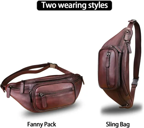 Vista 2 de Cangurera de cuero genuino para mujeres y hombres, riñonera de cuero, bolso bandolera de moda, bolso cruzado de hombro, mochila (café)