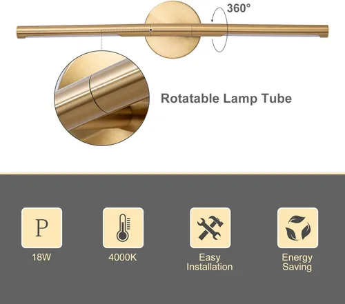 Vista 3 de Lámparas doradas para baño sobre espejo de 24 pulgadas, 18W 360° Giratorias Regulables 4000K Lámpara de Tocador LED de Latón, Luces de Tocador