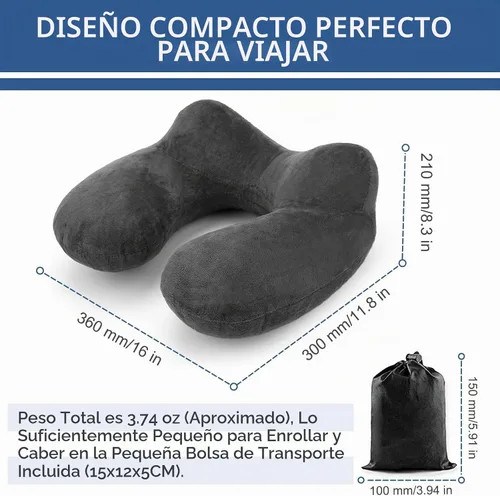 Vista 6 de Almohada inflable de viaje para avión, almohada inflable para el cuello para viajar con terciopelo suave, funda lavable para dormir, avión, tren