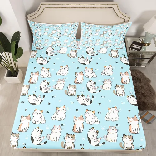 Vista 2 de Erosebridal Juego de sábanas con diseño de gato tamaño individual, sábana encimera Kawaii Garfield para niños y niñas, sábanas con huellas de patas