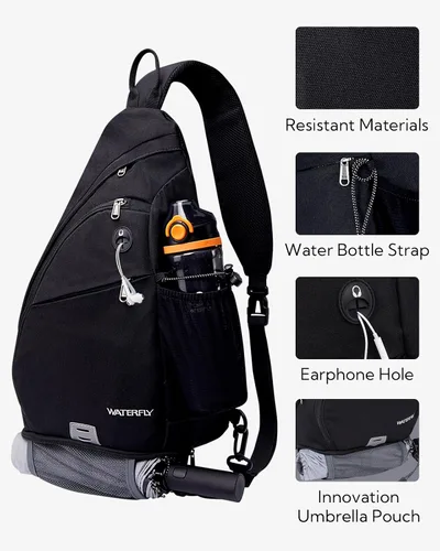 Vista 4 de WATERFLY - Mochila casual tipo bandolera, para llevar en el pecho, Negro, talla única 18L, Water resistant hiking daypack, 7 pockets for 13