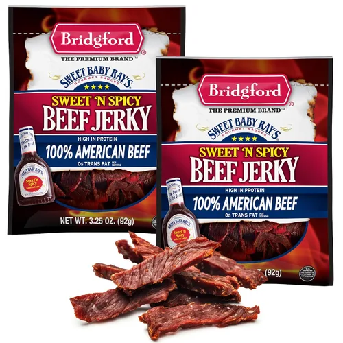 Vista 19 de Bridgford Sweet Baby Ray's Beef Jerky Honey BBQ de 3.25 onzas, paquete de 2 – Cecina alta en proteínas para impulso de energía del mediodía