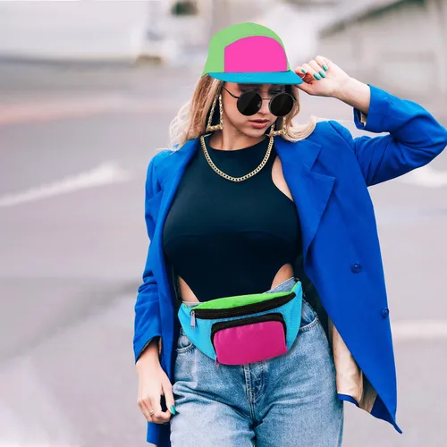 Vista 5 de Cindeer 5 piezas de accesorios de hip hop de los años 90 para mujeres y hombres, traje de los años 80 y 90, riñonera de neón, sombrero, lentes