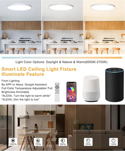 Vista 2 de Lámpara de techo LED regulable con montaje empotrado, panel RGB inteligente Alexa Google Home WiFi con control remoto para sala de estar