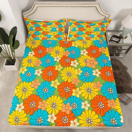 Vista 16 de Juego de ropa de cama con diseño floral bohemio, tamaño individual, diseño retro de flores groovy, 60S y 70S, diseño de flores hippie para niños