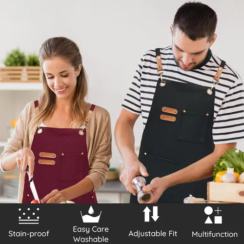 Vista 2 de Delantales de lona, delantales de chef de cocina, delantales de trabajo para hombres y mujeres, delantales con correa ajustable con 3 bolsillos