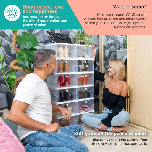 Vista 6 de Wondersome Organizador plegable para zapatos, 12 compartimentos, contenedores de almacenamiento de puertas transparentes, zapatos plegables, botas