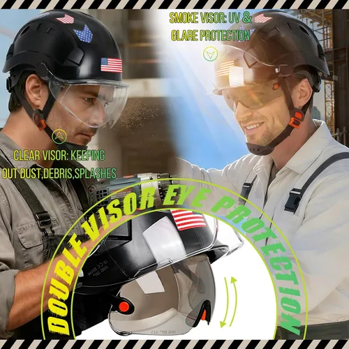 Vista 3 de Construction Hard Hats with Clear and Tinted Visor - OSHA Approved ANSI Z89.1 Dual Eye Protection Black Hard Hat with Chin Straps for Men