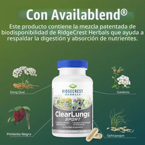 Vista 7 de RidgeCrest Herbals ClearLungs Sport para oxigenación, resistencia y rendimiento atlético - 60 cápsulas veganas