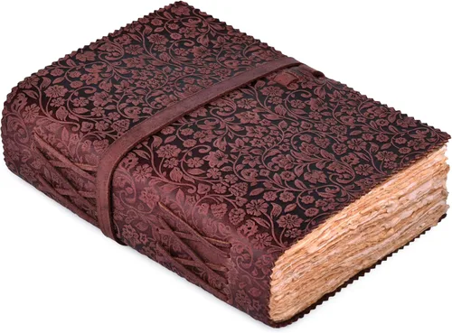Vista 11 de LEATHER VILLAGE Diario de Cuero con Relieve Floral para Mujeres y Hombres - 200 Páginas, 6"X4"(A6), Aqua - Libro de Sombras, Diario de Viaje