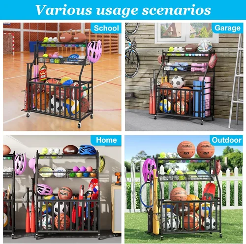 Vista 4 de Jsskeeim - Organizador de equipo deportivo para garaje, organizador de pelotas deportivas con ruedas, bolsillo de malla, canasta, organizador