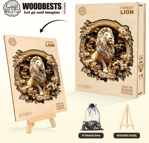 Vista 4 de Rompecabezas de madera para adultos, rompecabezas de madera de león del bosque, efecto visual 3D, forma única, rompecabezas de madera de animales