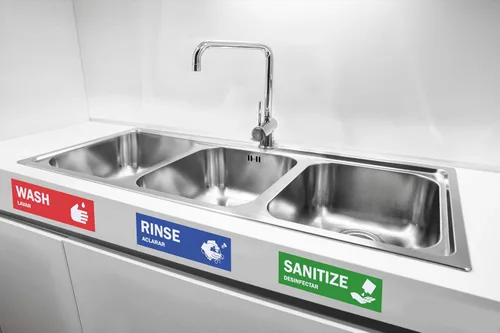 Vista 5 de Etiquetas para fregadero de lavar, enjuagar y desinfectar – 2.75 x 9 pulgadas – También incluye letrero de lavado a mano únicamente – Señales