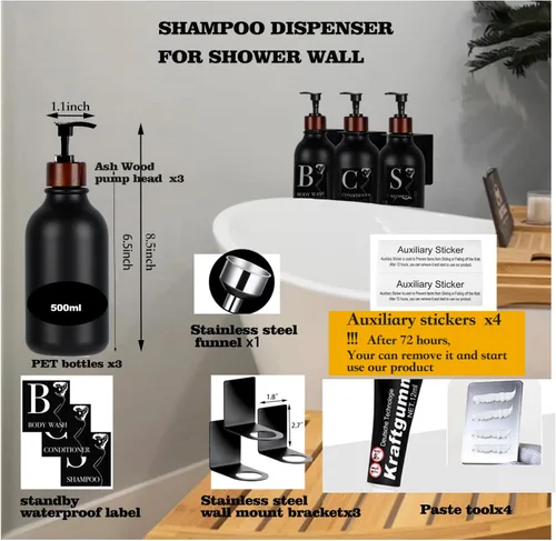 Vista 3 de Dispensador de champú, dispensador de champú negro montado en la pared para ducha, dispensadores de champú y acondicionador de 17 onzas, botellas