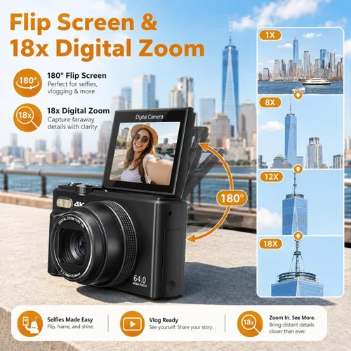 Vista 4 de Cámaras 4K para fotografía, cámara de vlogging digital de 64MP para YouTube Negro-W08