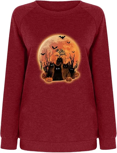 Vista 4 de UODSVP Camisetas de Halloween para mujer estilo casual con estampado de manga larga y cuello redondo para mujer